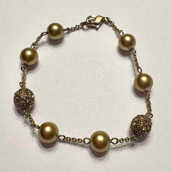 Women’s Light Gold Tone Faux Pearl with Rhinestone Balls Bracelet 7.5” - Picture 2 of 9